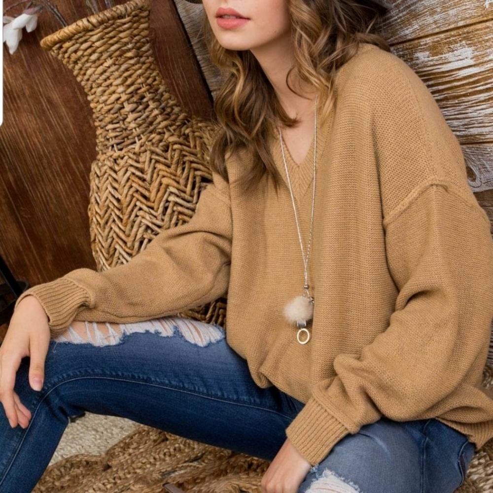 Main Strip Tan V-Neck Sweater